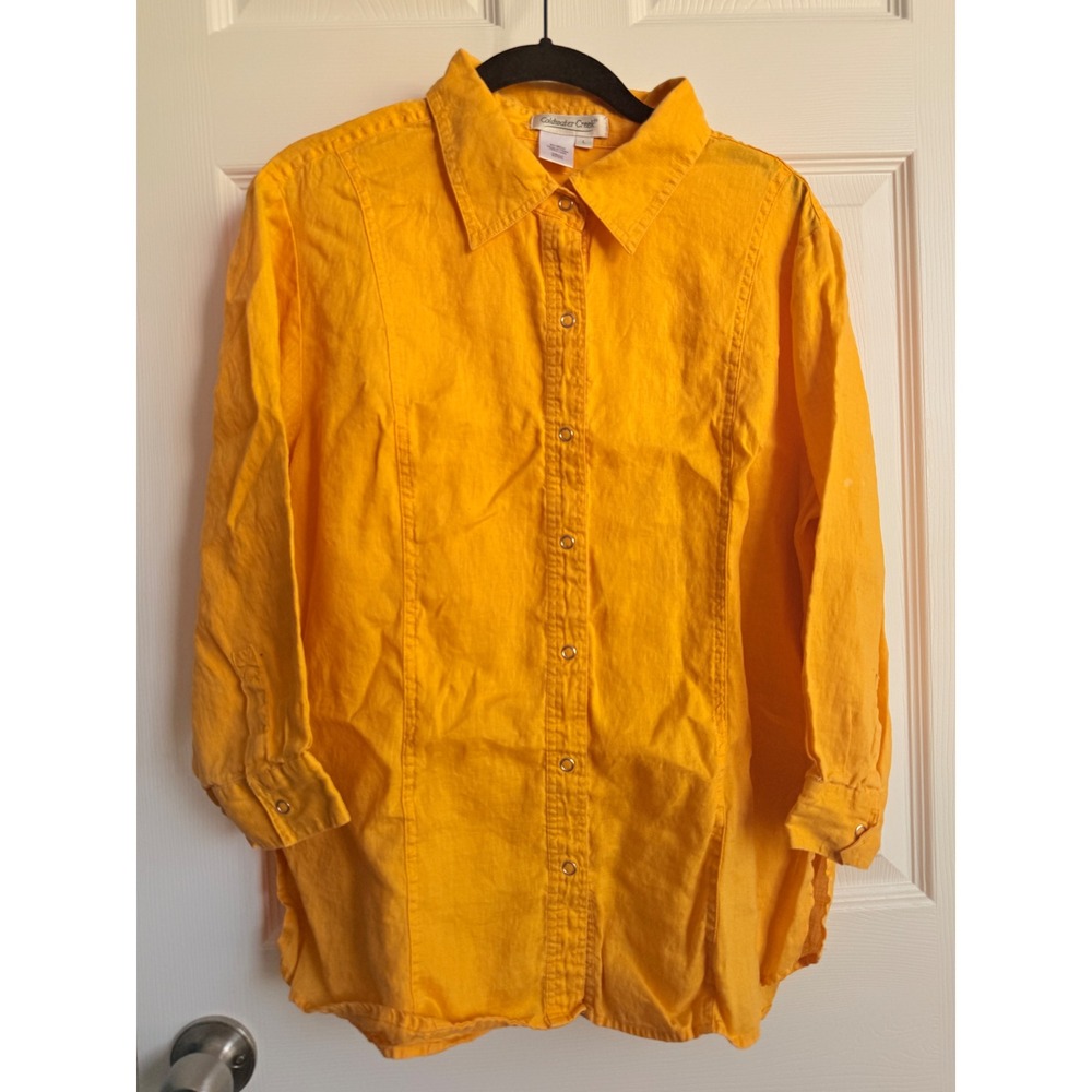 Coldwater Creek 100% Linen Shirt Summer Yellow ‎ 3/4 Sleeve Full Button Size L